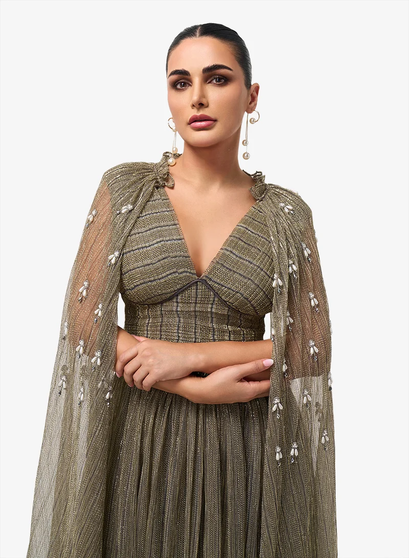 Threadz by Ajooni  Embellished Cape Sleeve Maxi Dress for Women | Best Price UAE