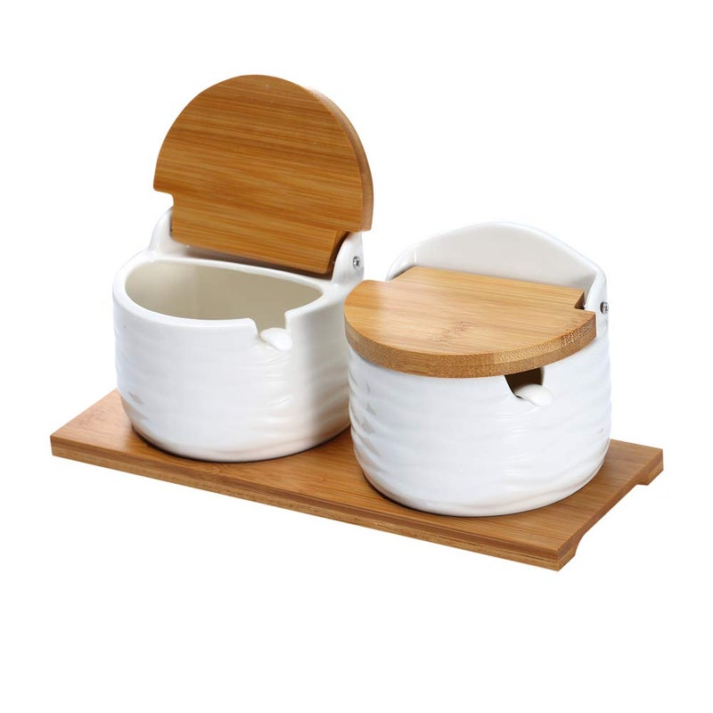 Lucky Goddness وعاء سكر سيراميك محظوظ مع أغطية وملاعق حاوية توابل خزفية وعاء ملح للمطبخ مع ملصقات سبورة 88 أونصة سائلة 260 مل