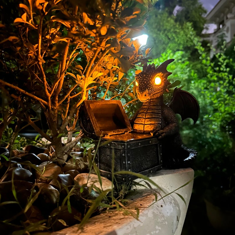 Jy.Cozy حديقة التنين تمثال يعمل بالطاقة الشمسية في الهواء الطلق تمثال ديكور لطيف وعقد الكنز متوهجة الصدر الراتنج النحت ديكور المنزل للشرفة فناء الحديقة ساحة المزرعة هووسورمينغ هدية زخرفة - Image 3