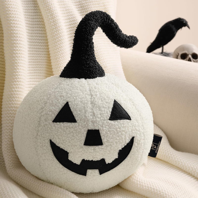Phantoscope Happy Halloween Pumpkin Shaped Throw Pillow Teddy Fleece JackoLantern Pumpkin Pillow Ultra Soft Sherpa Fall Decorative Halloween Cushion Pillow Off White 95 x 95 inches