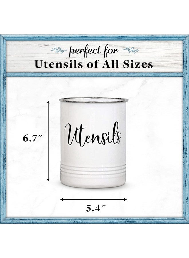 Home Acre Designs Home Acre Designs Vintage Farmhouse Utensil Holder - Stylish Countertop Organizer and Kitchen Decor Caddy - Stainless Steel Rim - White  - Image 3