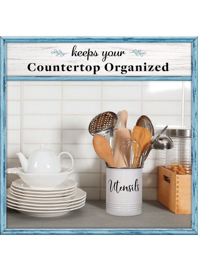 Home Acre Designs Home Acre Designs Vintage Farmhouse Utensil Holder - Stylish Countertop Organizer and Kitchen Decor Caddy - Stainless Steel Rim - White  - Image 4