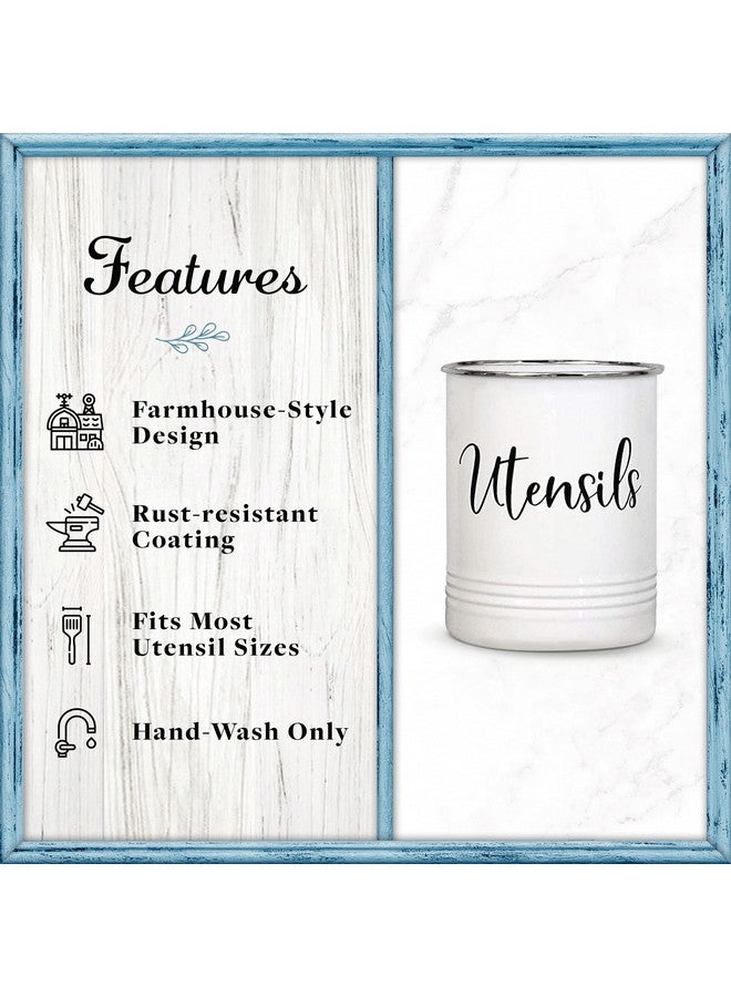 Home Acre Designs Home Acre Designs Vintage Farmhouse Utensil Holder - Stylish Countertop Organizer and Kitchen Decor Caddy - Stainless Steel Rim - White  - Image 2