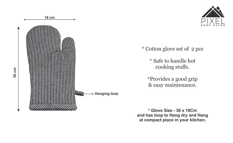 PIXEL HOME Cotton Microwave Oven Mittens - Set of 2 Heat Resistant Gloves (Grey Pin Stripe) - Image 3