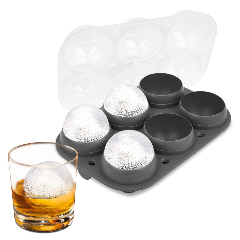 Samuelworld Large Ice Ball Maker with Lid, 6 x 2.5 Inch Ice Balls - Food Grade, Easy To Fill Round Silicone Ice Tray, Perfect Spheres Craft Ice Maker for Whiskey, Cocktails, Gifting - Grey - Image 1