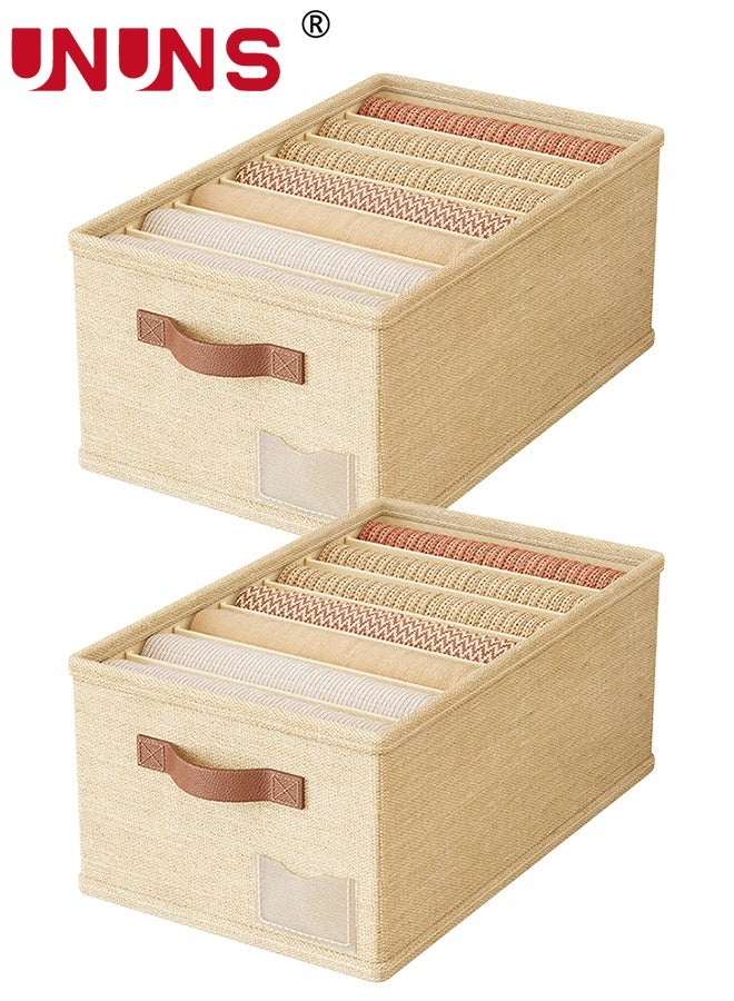 UNUNS 2pc Fabric Storage Bins,Wardrobe Clothes Organizer with 7 Compartments and Upgraded Faux Leather Handle for Clothes Jeans Underwear,Clothes Organizer Boxes for Home Bedroom Office,45X25X18CM - Image 1