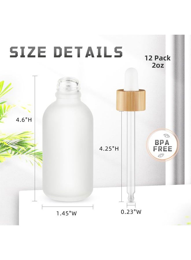 DMuuuDM 12 Pack 2 oz Frosted Glass Dropper Bottle,Empty Round Glass Boston Travel Bottles With Eye Droppers,Natural Bamboo Dropper Cap for Essential Oils, Colognes & Perfume,Aromatherapy,Liquids - Image 2