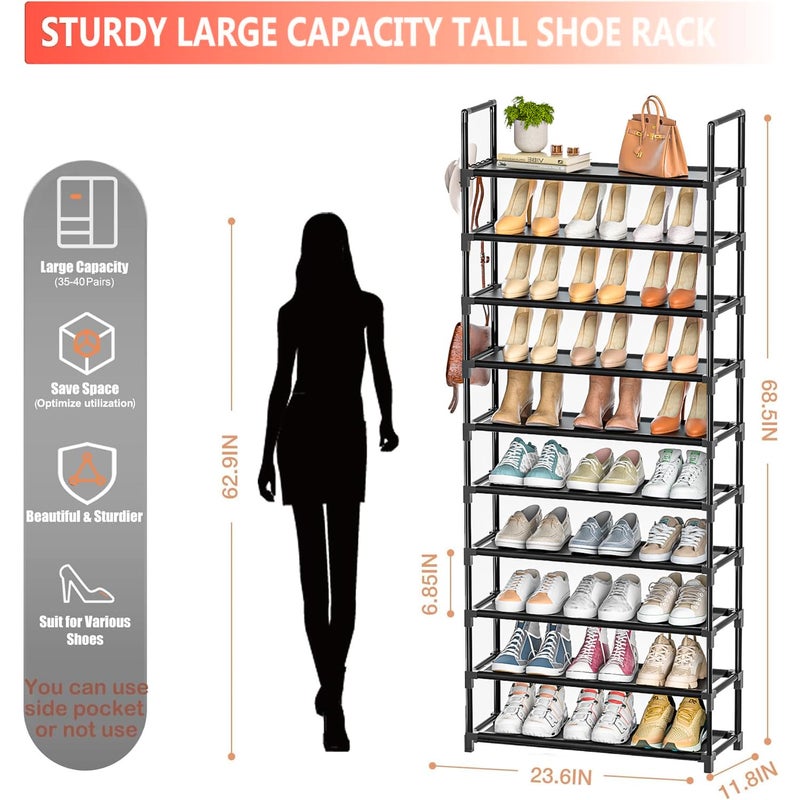 LUKYTOWER Tall Shoe Rack - 10 Tier Shoe Organizer with Metal Shelf, 5 Hooks, Pocket & Sturdy Stand for Closet Shoes - Image 3