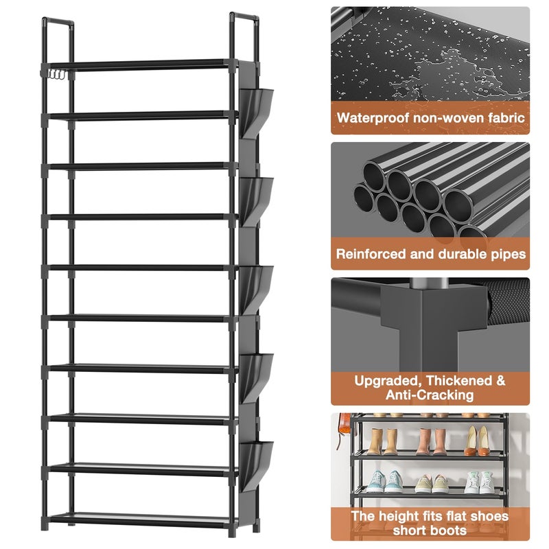 LUKYTOWER Tall Shoe Rack - 10 Tier Shoe Organizer with Metal Shelf, 5 Hooks, Pocket & Sturdy Stand for Closet Shoes - Image 4