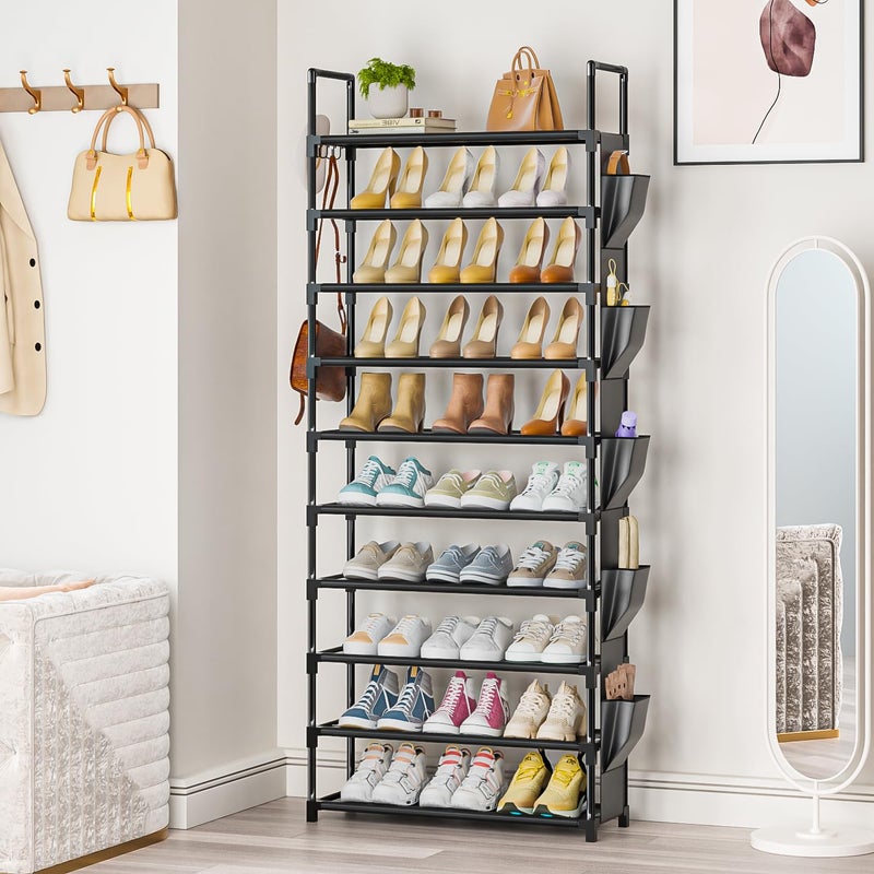 LUKYTOWER Tall Shoe Rack - 10 Tier Shoe Organizer with Metal Shelf, 5 Hooks, Pocket & Sturdy Stand for Closet Shoes - Image 2