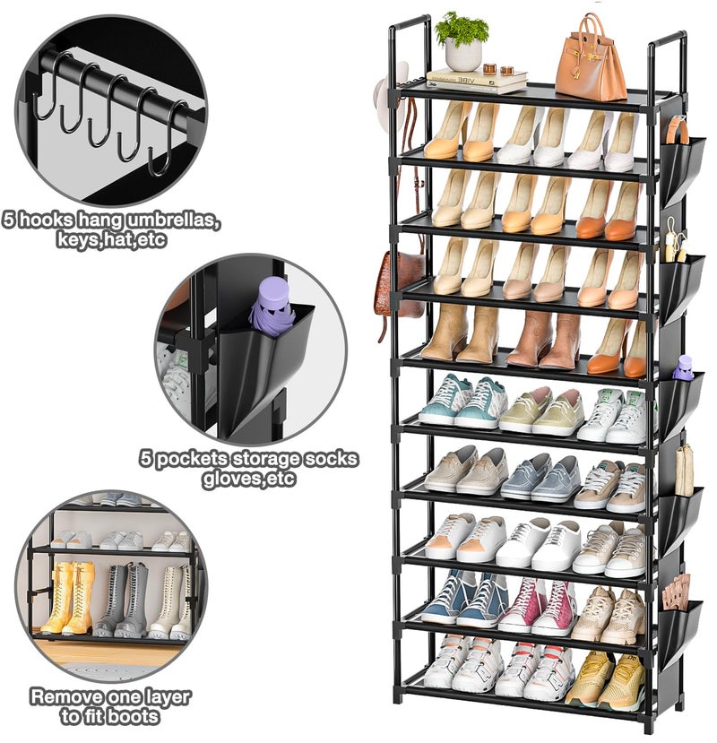 LUKYTOWER Tall Shoe Rack - 10 Tier Shoe Organizer with Metal Shelf, 5 Hooks, Pocket & Sturdy Stand for Closet Shoes - Image 5
