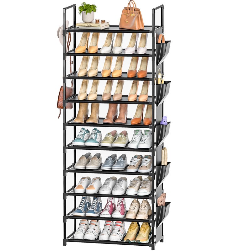 LUKYTOWER Tall Shoe Rack - 10 Tier Shoe Organizer with Metal Shelf, 5 Hooks, Pocket & Sturdy Stand for Closet Shoes - Image 1