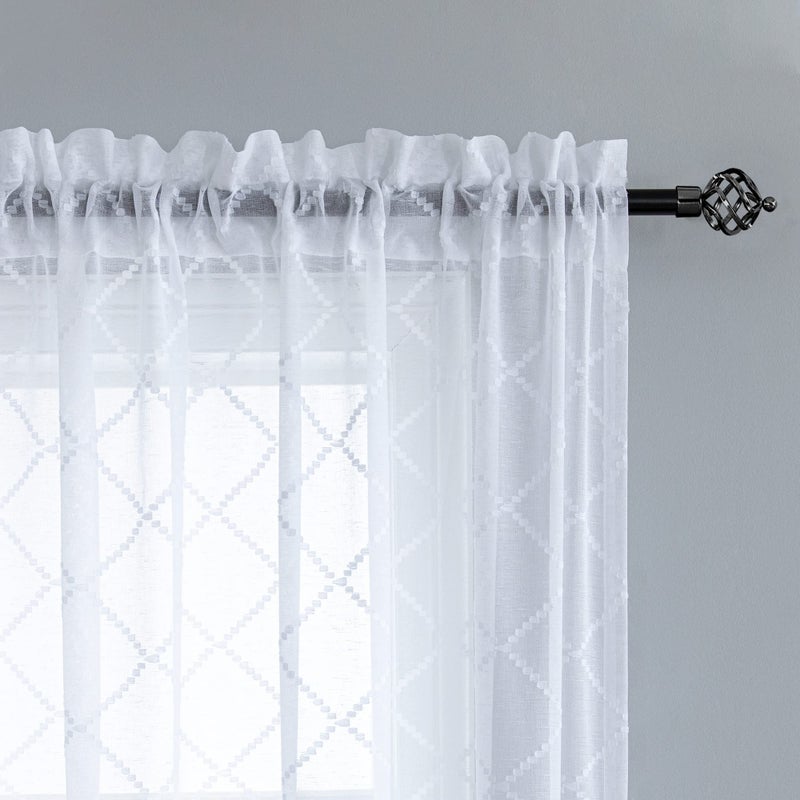 KOUFALL White Sheer Curtains 84 Inches Long for Bedroom 2 Panels Set Light Filtering Geometric Pattern Textured Design Semi Sheer Embroidered Curtain Drapes for Living Room Window