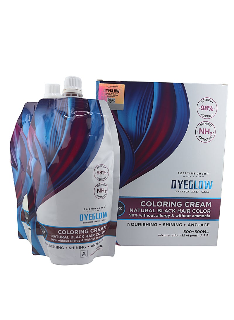 Keratine Queen Dyeglow Natural Black Hair Coloring Cream (Ammonia-Free) – 500ml + 500ml  Dyeglow delivers rich, natural black hair color without ammonia and without irritation. Its nourishing formula with anti-aging benefits leaves hair shiny, smooth, and deeply hydrated. Ideal for sensitive scalp and frequent coloring.