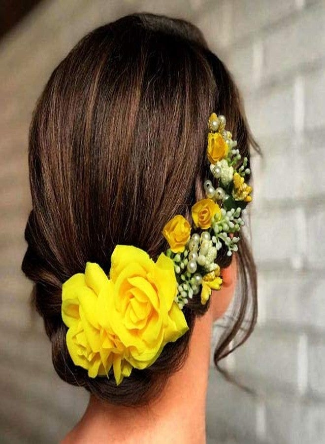 Mahi Women's Hair Pins Clips Hair Buns Hair Styles Artificial Flowers Accessories For Weddings (Yellow) - Image 3