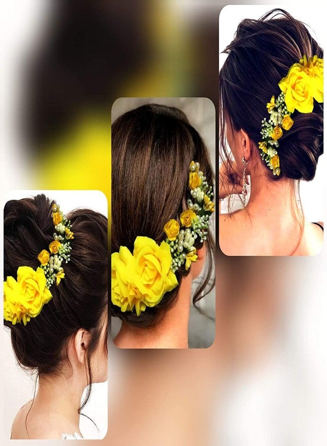 Mahi Women's Hair Pins Clips Hair Buns Hair Styles Artificial Flowers Accessories For Weddings (Yellow) - Image 4
