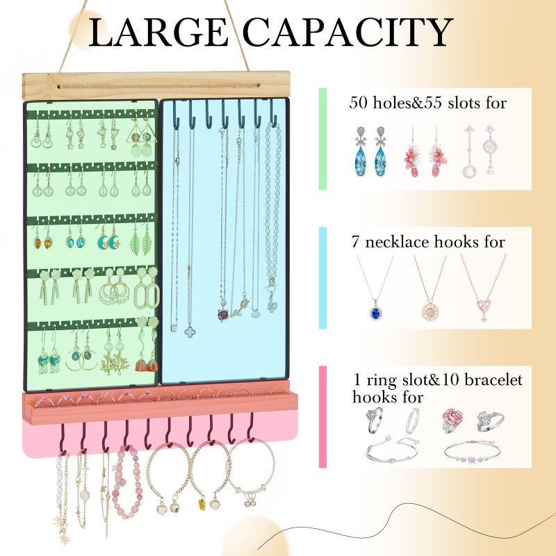 Feyejade Hanging Jewelry Organizer, 5-Tier Wall Earring Holder with Wooden Ring Groove, Jewelry Rack Wall Mounted for Earrings, Necklaces, Bracelets and Rings, Jewelry Holder Stand, Black - Image 4