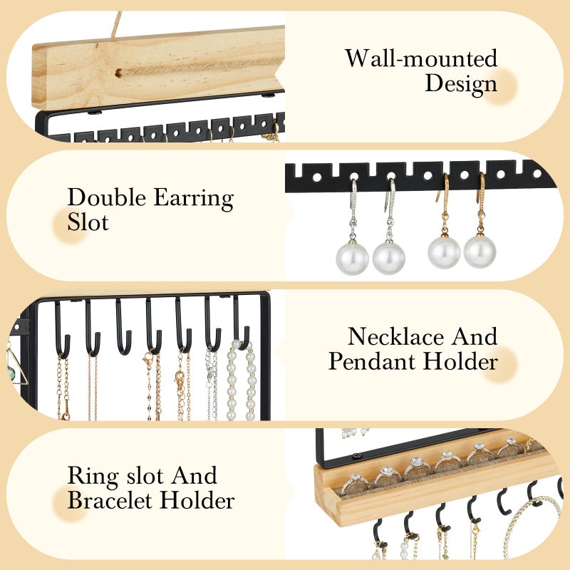 Feyejade Hanging Jewelry Organizer, 5-Tier Wall Earring Holder with Wooden Ring Groove, Jewelry Rack Wall Mounted for Earrings, Necklaces, Bracelets and Rings, Jewelry Holder Stand, Black - Image 5