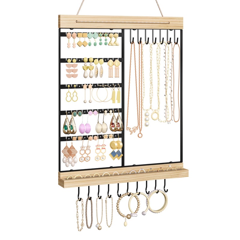 Feyejade Hanging Jewelry Organizer, 5-Tier Wall Earring Holder with Wooden Ring Groove, Jewelry Rack Wall Mounted for Earrings, Necklaces, Bracelets and Rings, Jewelry Holder Stand, Black - Image 1