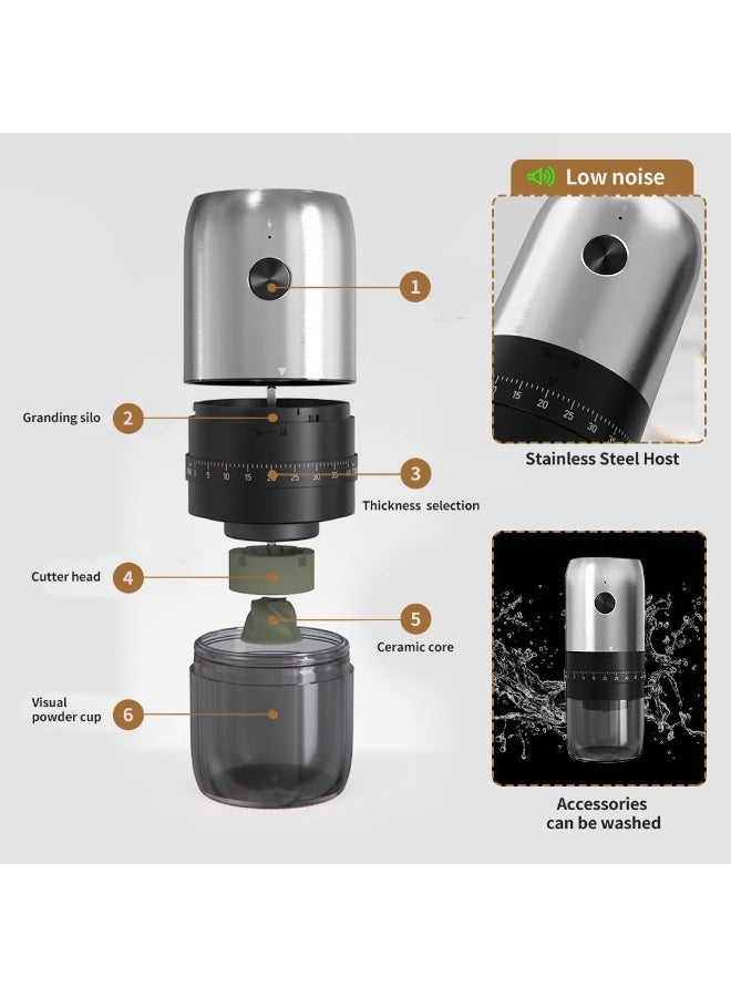 XVersion Electric Portable Burr Coffee Grinder, Type-C Rechargeable, 40 Adjustable Grind Settings, 35g Bean Capacity for Espresso, Home, Travel & Camping, Silver - Image 3