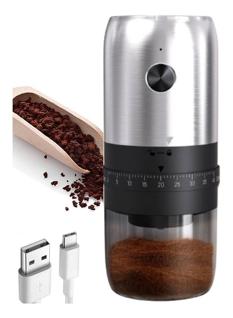 XVersion Electric Portable Burr Coffee Grinder, Type-C Rechargeable, 40 Adjustable Grind Settings, 35g Bean Capacity for Espresso, Home, Travel & Camping, Silver - Image 1