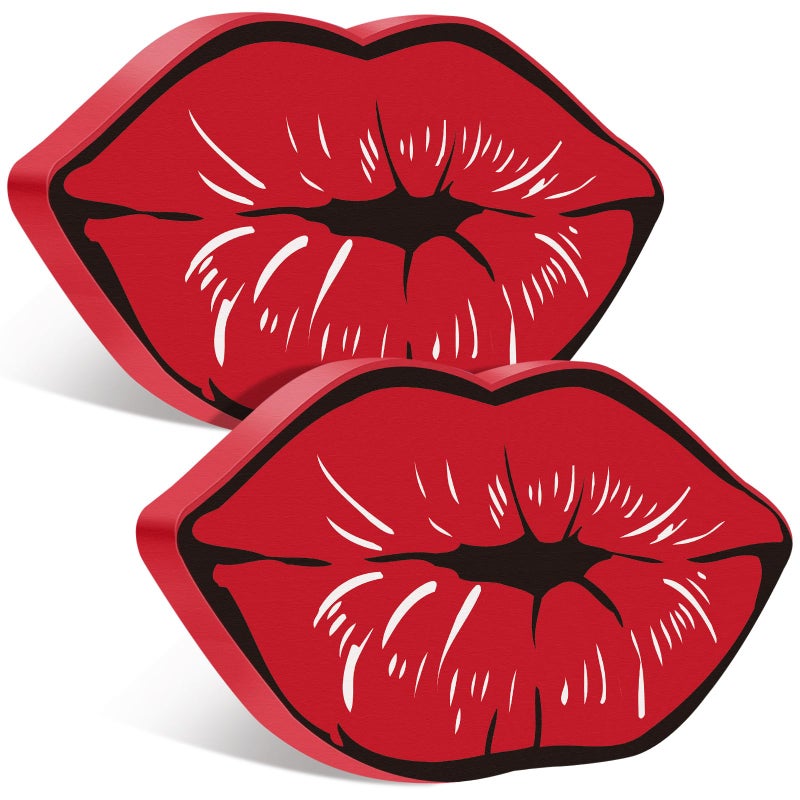 Unittype 2 Pcs Valentines Day Lips Decor Kisses Sign Valentines Decor Indoor Galentines Day Decoration Wood Tiered Tray Decors for Wedding Anniversary Home Table Decoration, 6.3 x 3.5 x 0.47 Inch(Red) - Image 1