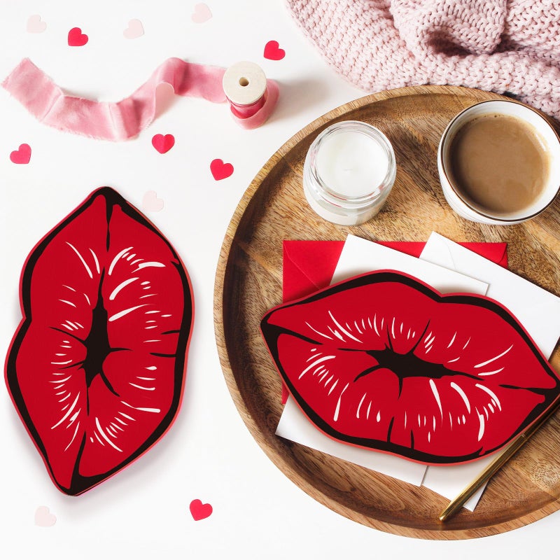 Unittype 2 Pcs Valentines Day Lips Decor Kisses Sign Valentines Decor Indoor Galentines Day Decoration Wood Tiered Tray Decors for Wedding Anniversary Home Table Decoration, 6.3 x 3.5 x 0.47 Inch(Red) - Image 4