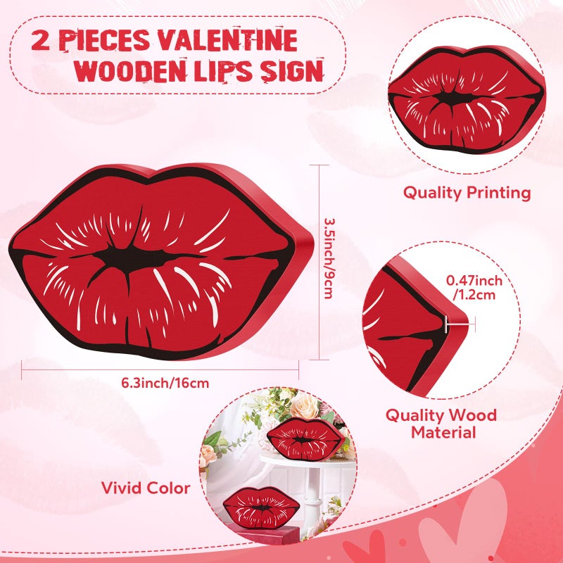 Unittype 2 Pcs Valentines Day Lips Decor Kisses Sign Valentines Decor Indoor Galentines Day Decoration Wood Tiered Tray Decors for Wedding Anniversary Home Table Decoration, 6.3 x 3.5 x 0.47 Inch(Red) - Image 2