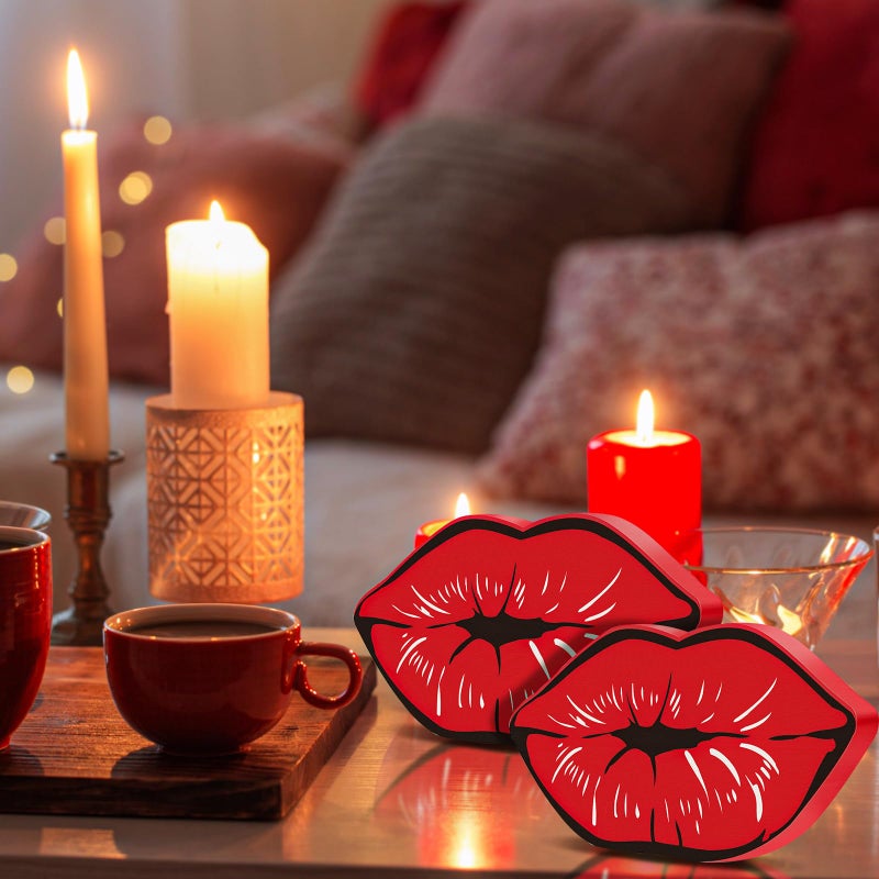 Unittype 2 Pcs Valentines Day Lips Decor Kisses Sign Valentines Decor Indoor Galentines Day Decoration Wood Tiered Tray Decors for Wedding Anniversary Home Table Decoration, 6.3 x 3.5 x 0.47 Inch(Red) - Image 5