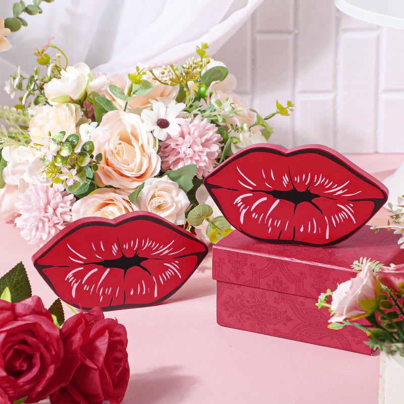 Unittype 2 Pcs Valentines Day Lips Decor Kisses Sign Valentines Decor Indoor Galentines Day Decoration Wood Tiered Tray Decors for Wedding Anniversary Home Table Decoration, 6.3 x 3.5 x 0.47 Inch(Red) - Image 3