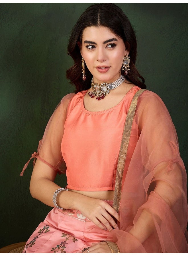 AKS Peach Placement Print Jacquard Lehenga Choli - Image 1