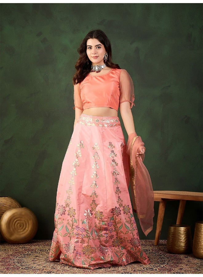 AKS Peach Placement Print Jacquard Lehenga Choli - Image 5