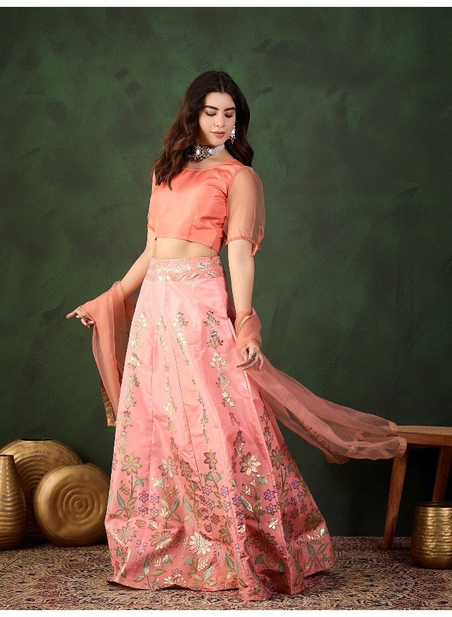 AKS Peach Placement Print Jacquard Lehenga Choli - Image 4