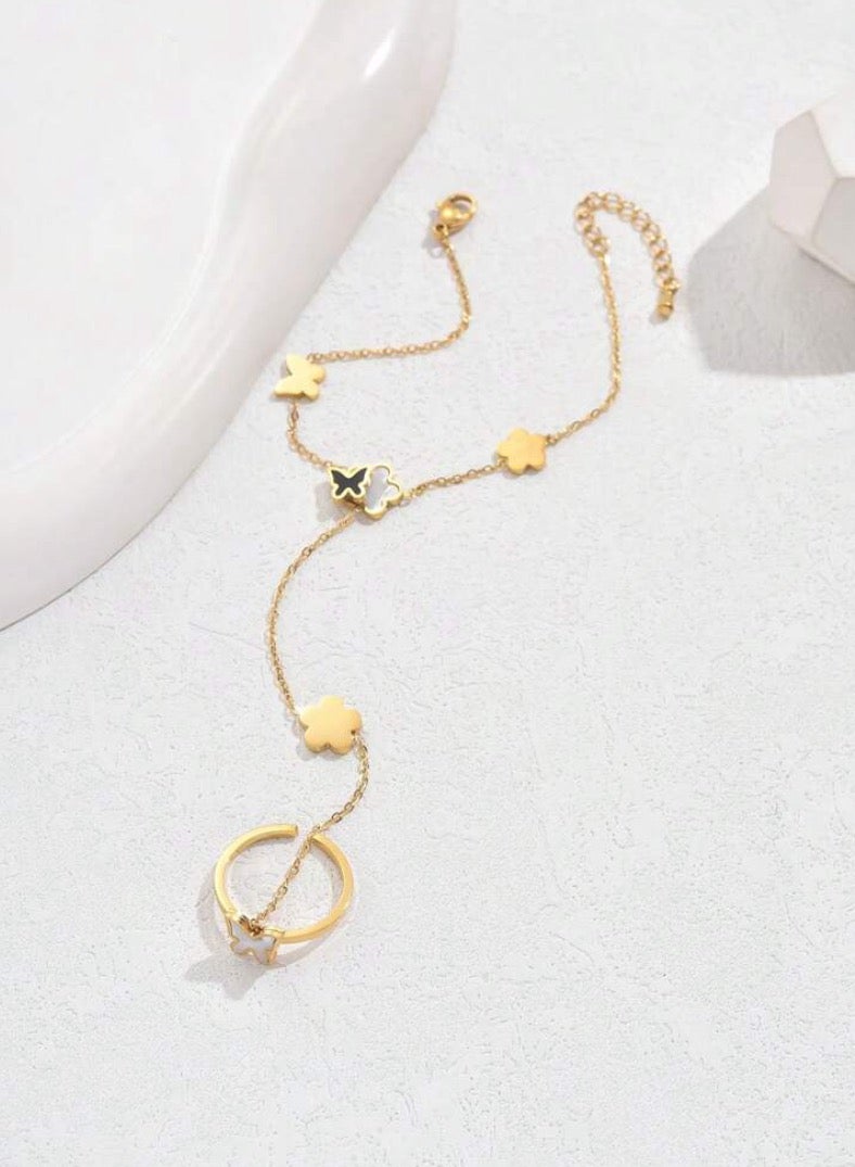 18k Gold Plated Stainless Steel Bracelet With Connected Ring For Women