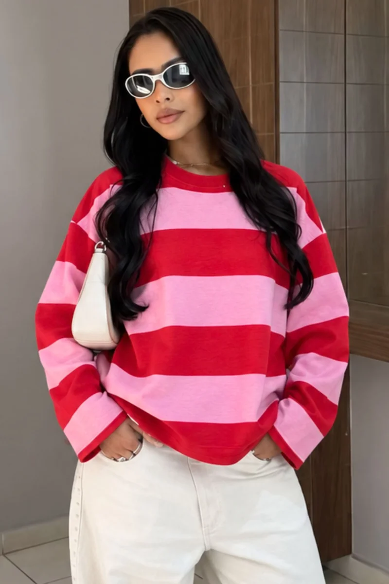 بيبانتولون BIPANTOLON Women's Oversized Striped Crew Neck Sweatshirt
