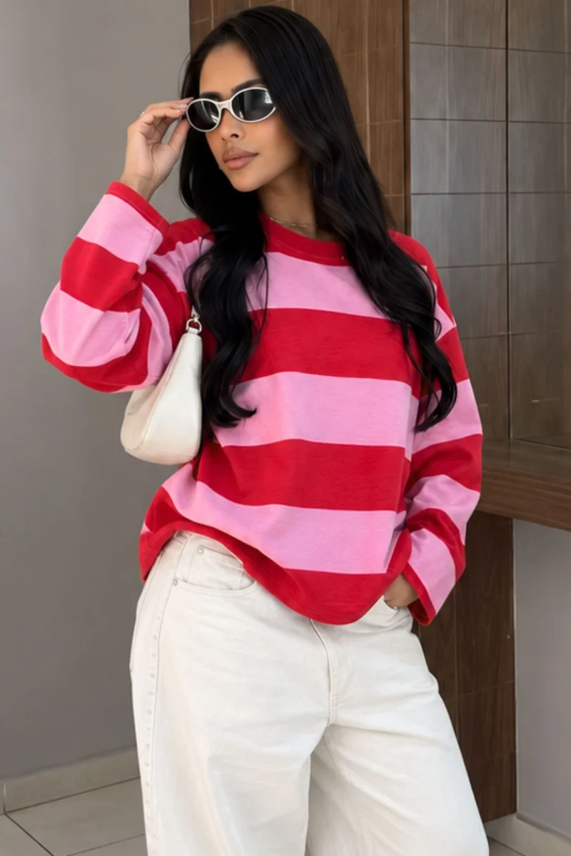 بيبانتولون BIPANTOLON Women's Oversized Striped Crew Neck Sweatshirt