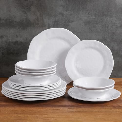 ZAROCRUS White Melamine Dinnerware Set, 18 Pcs Lightweight and Unbreakable Outdoor Plates and Bowls Sets, Camping Melamine Dishes Set for 6, Chip Resistant Kitchen Plates for Indoor and Outdoor Use - Image 1