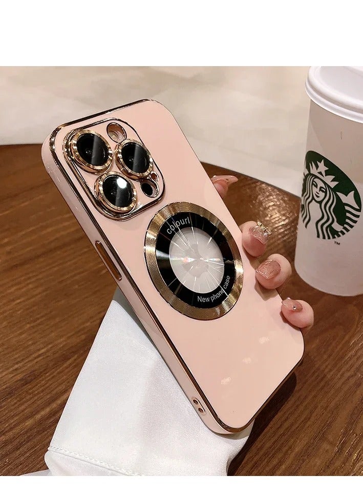 AROAQ Magnetic Case For Iphone, Wireless Charging Magsafe Lens Film Cover, Anti-scratch Luxury Plating Logo Hole Strong Magnetic Case For Iphone 15 Pro Max, 15 Plus, Pro, ( Pink Color) - Image 1