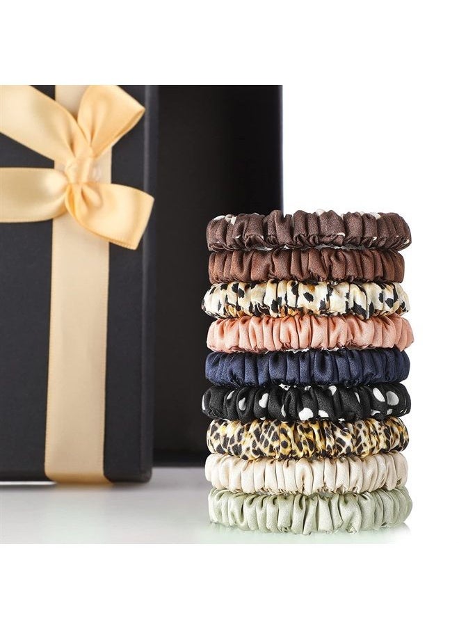 Chuangdi 9 Pieces silk scrunchies Silk Hair Ties Skinny Hair Scrunchies Pure Silk Ponytail Holder Elastic Hair Bands Hair Accessories for Women Girls (Dark Colors,Vivid Style)  - Image 1