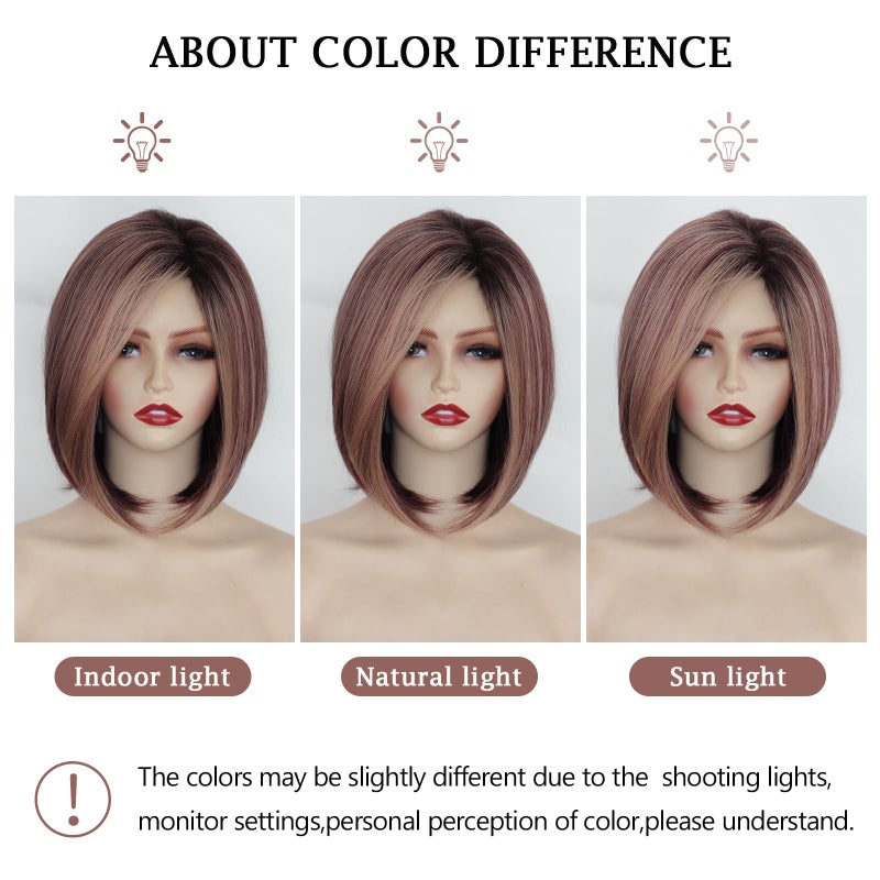 TISHINING Side Part Layered Burgundy Short Bob Wigs for White Women Ombre Burgundy Mix Blonde Bob Straight Hair Wig with Dark Roots Synthetic Natural Looking Daily Party Wig(12 inch) - Image 4