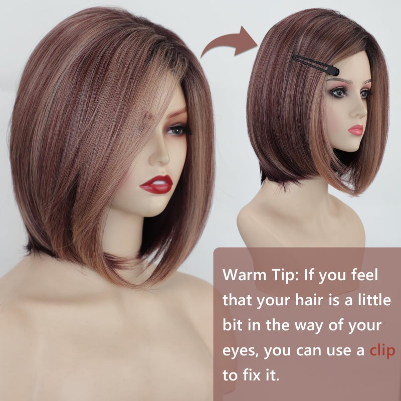 TISHINING Side Part Layered Burgundy Short Bob Wigs for White Women Ombre Burgundy Mix Blonde Bob Straight Hair Wig with Dark Roots Synthetic Natural Looking Daily Party Wig(12 inch) - Image 5
