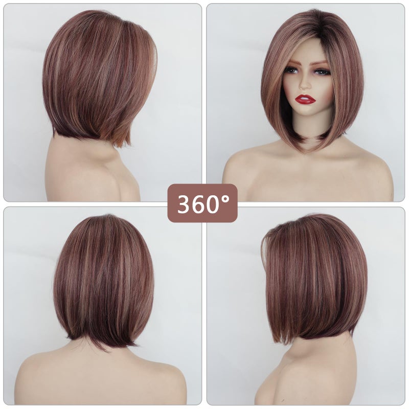 TISHINING Side Part Layered Burgundy Short Bob Wigs for White Women Ombre Burgundy Mix Blonde Bob Straight Hair Wig with Dark Roots Synthetic Natural Looking Daily Party Wig(12 inch) - Image 2