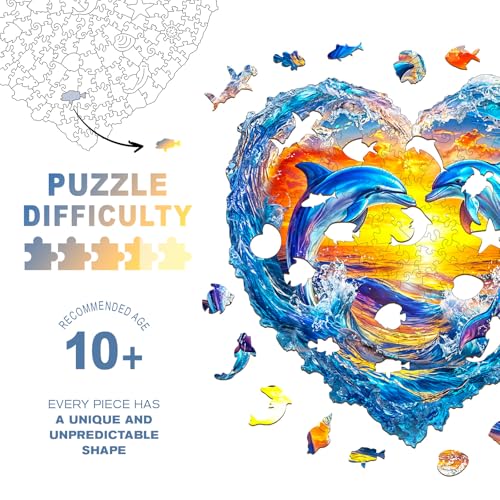Purdicra Wooden Puzzles for Adults Heartfelt Dolphins Wooden Jigsaw Puzzle Unique Animal Shaped Wood Puzzles Adult Christmas Birthday Gifts for FriendsFamily Home Decor 114 111in 180pcs - Image 5