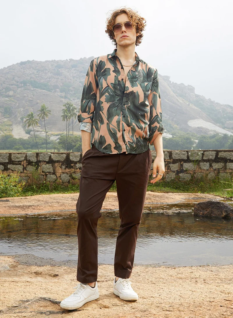 Campus Sutra Men's Emerald Green & Tan Brown Artistic Botanical Shirt