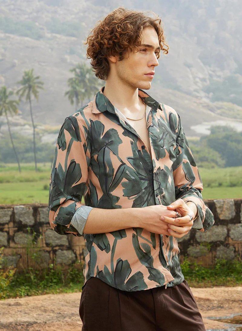Campus Sutra Men's Emerald Green & Tan Brown Artistic Botanical Shirt