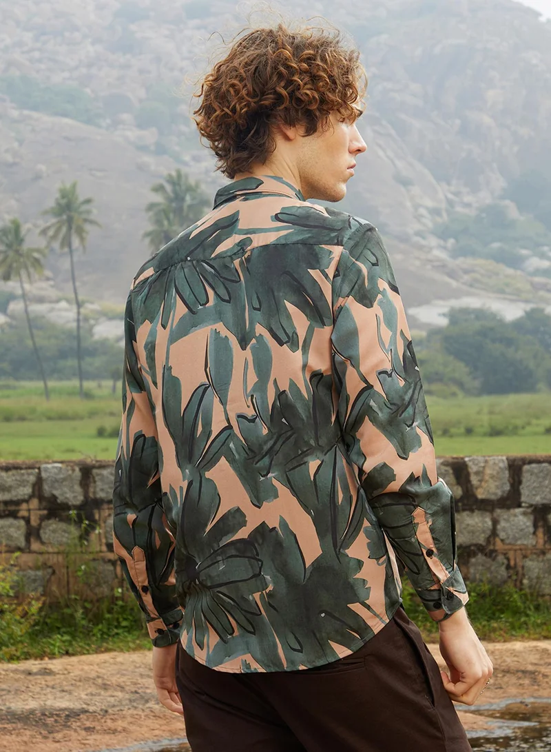 Campus Sutra Men's Emerald Green & Tan Brown Artistic Botanical Shirt