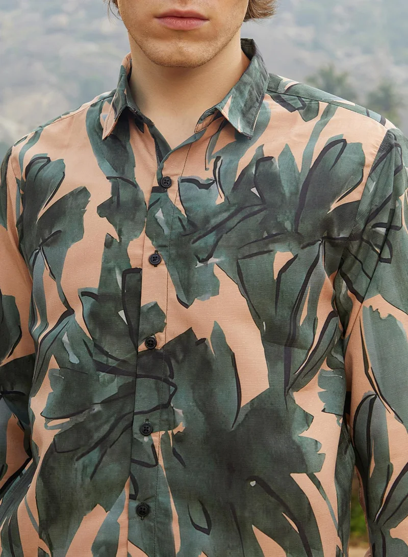 Campus Sutra Men's Emerald Green & Tan Brown Artistic Botanical Shirt
