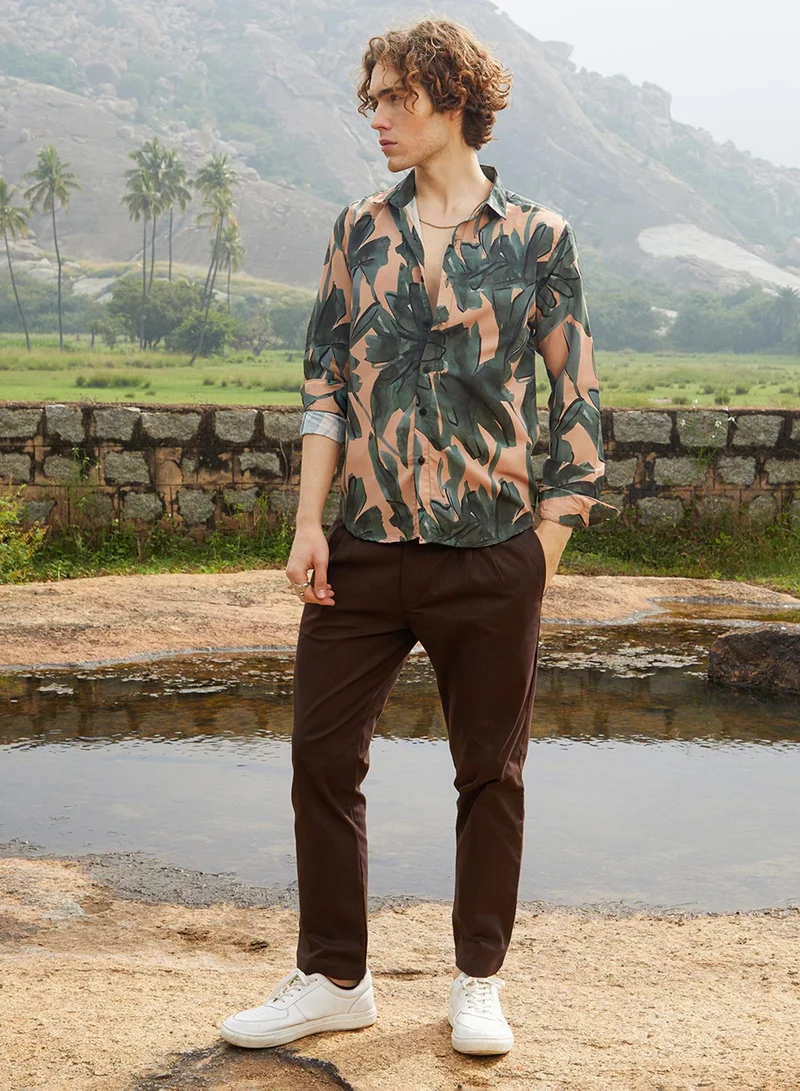 Campus Sutra Men's Emerald Green & Tan Brown Artistic Botanical Shirt