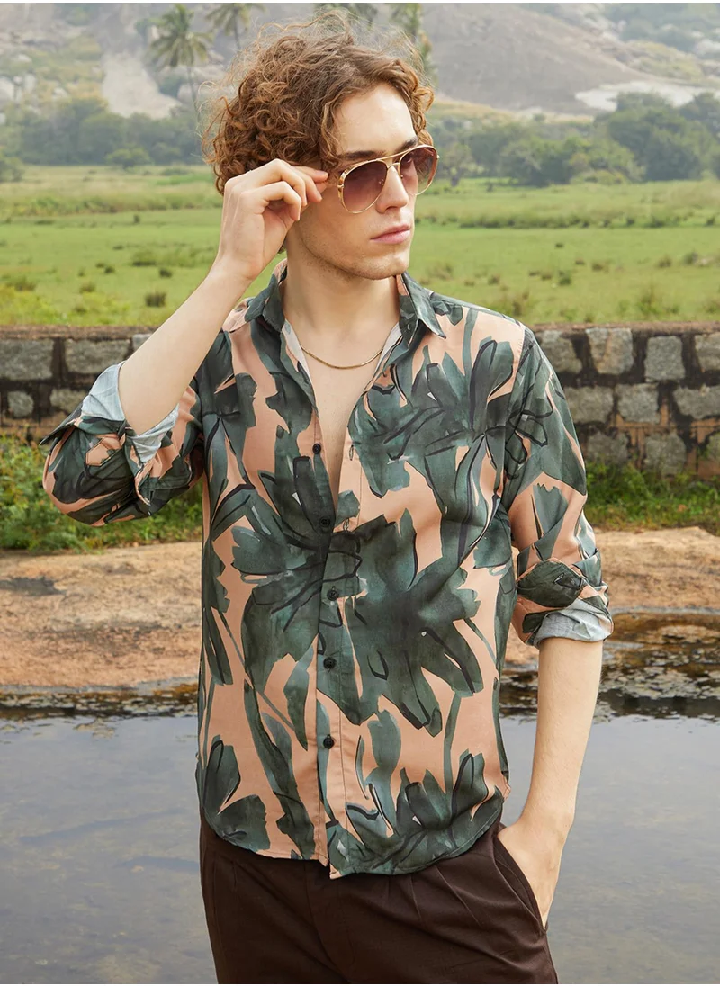 كامبوس سوترا Men's Emerald Green & Tan Brown Artistic Botanical Shirt
