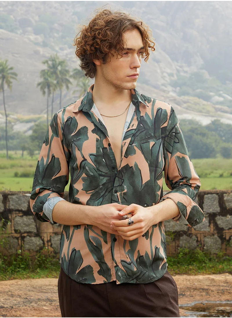 كامبوس سوترا Men's Emerald Green & Tan Brown Artistic Botanical Shirt